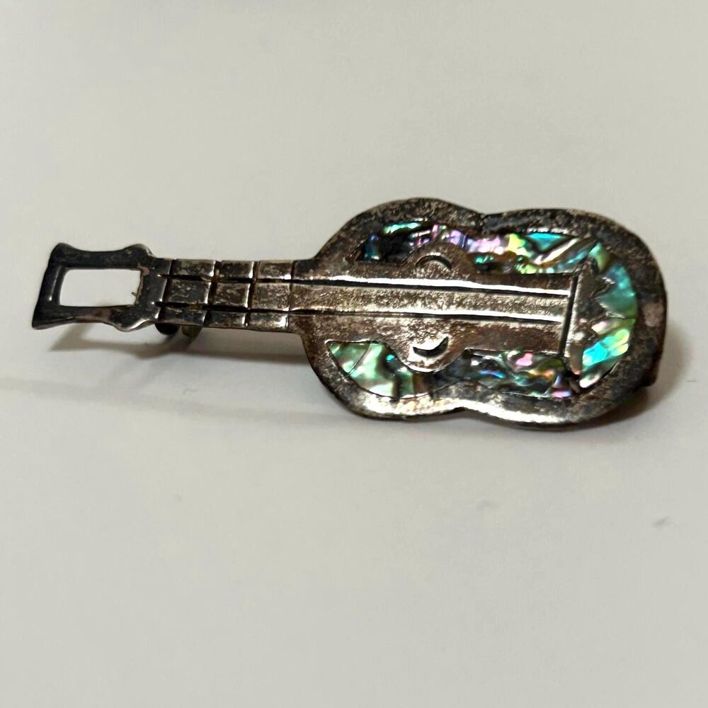 Signed Melesio Rodriguez Mexican Guitar Brooch - Vintage Sterling Silver Abalone